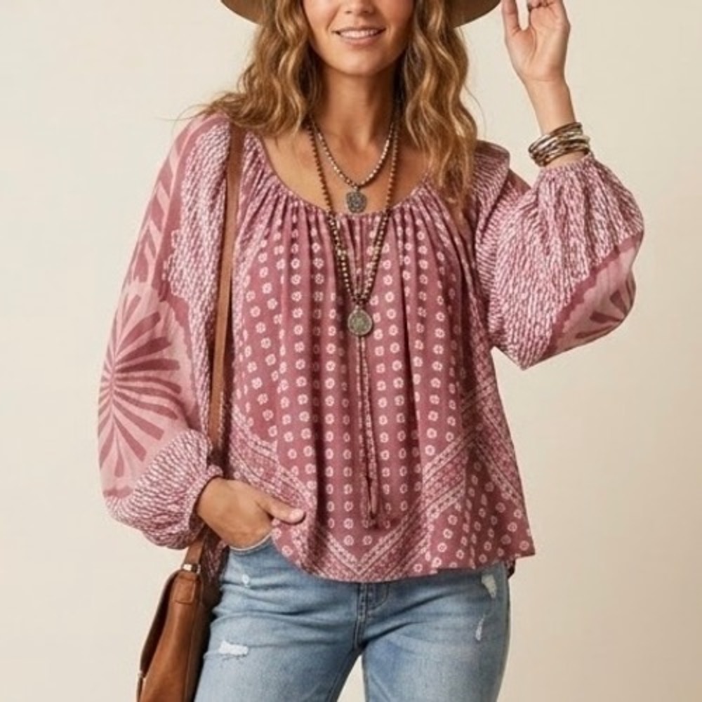 Free People Elena Top 100% Cotton Pink Boho Floral Peasant Blouse Size Small